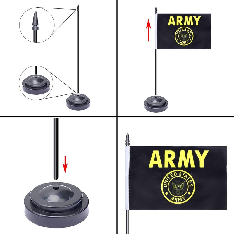 WXTWK 2 Pack USA Gold Crest Flag Gold Crest Deluxe Desk Flag Set - Mini Small US Military Table Office Flags with Black 12" Solid Pole Stand Base July 4th Veteran Party Memorial Day Decorations - Image 4